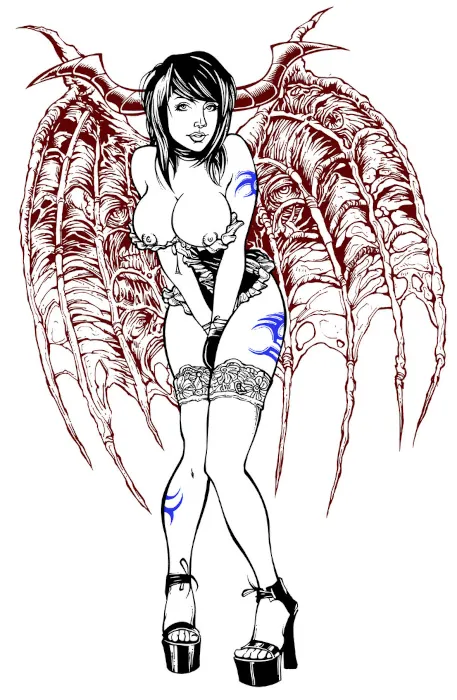 A pencil drawing of a succubus with a cute bob haircut, leaning towards the viewer with a kind expression, her nipples just peaking out over her top.