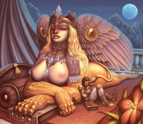 A large sleeping female sphinx with massive breasts and a large pair of wings. A normal-sized man is sleeping against her front left leg. Though the sphinx's eyes are closed, she gently nuzzles the sleeping man with her tail. The sphinx is laying on top of a giant book, while the man has his book and a pair of glasses sitting nearby. There is a full moon behind them.