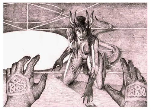 A black and white rendering of a naked succubus in a low position, coiled, and ready to spring at the viewer with her sharp claws. The image is a point-of-view perspective, with the user's hands outstretched in front of him to protect himself. The succubus is Xana from Dark Messiah of Might and Magick.