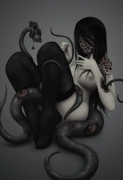 A cute woman taking pictures of herself with a smartphone, except she's an eldritch lovecraftian entity, with tendrils full of eyes extending from her body. Her face lacks any normal features, but is full of holes in a cluster, like a beehive.