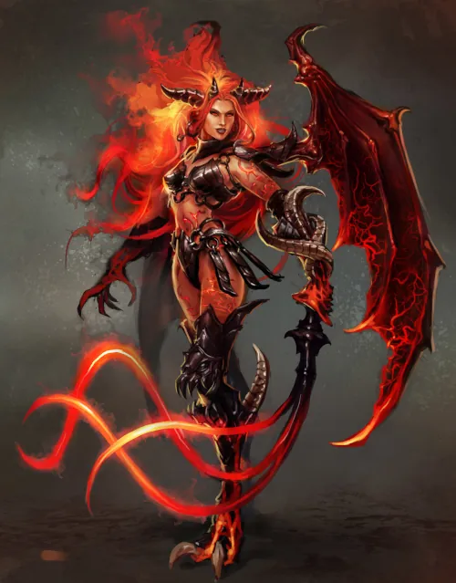A red succubus with a flamming sword, wearing a black leather outfit.