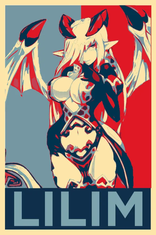 A red, blue, and white colored political-styled poster, depicting a sexy monster girl, one of the lilum. The poster has the bold word at the bottom, Lilum.