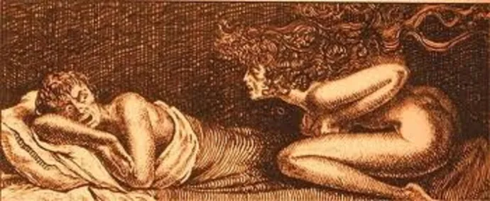 A medieval depiction of an angry succubus screaming at a man as he sleeps. The man has a look of terror on his dreaming face.