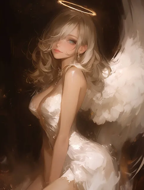 A blotchy painting of a sexy female angel.