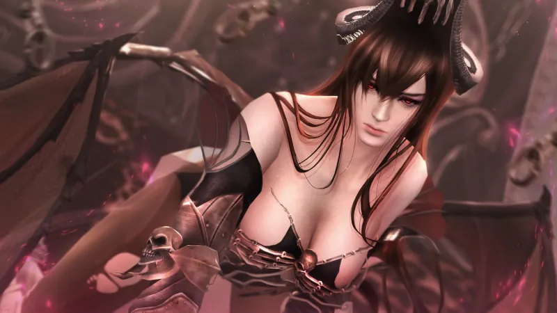 A brown-haired succubus with red eyes moving towards the viewer.