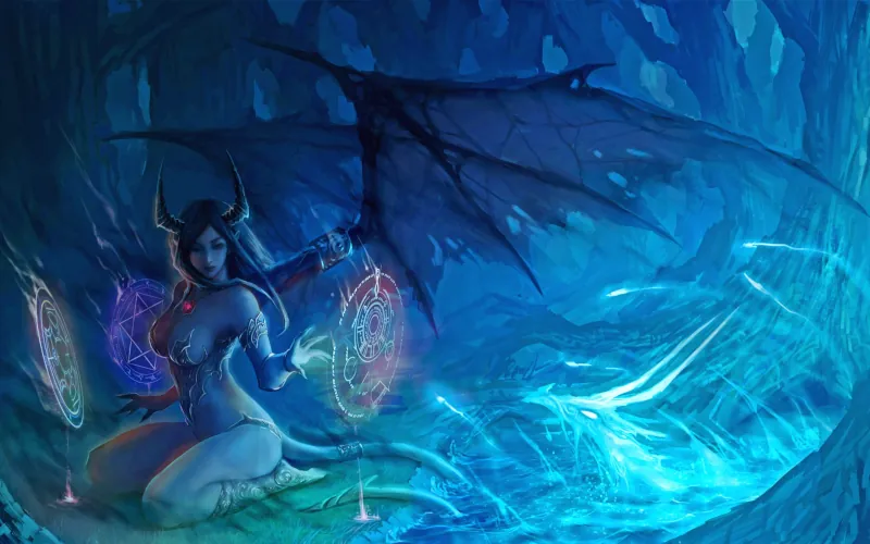 A succubus with broad outstretched wings sits in a moonlit forest and performs a ritual, drawing sigils in the air before her. An ethereal dragon-familiar emerges from a river.
