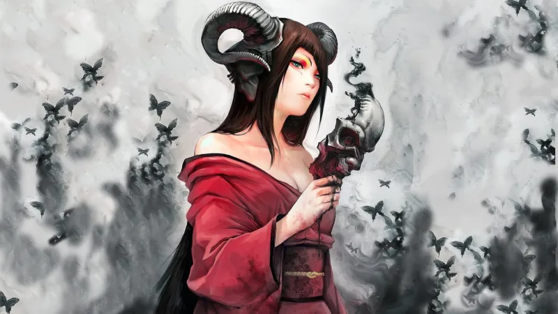 A gacia girl with demon horns, pulling a cultish-looking mask away from her face, revealing highly detailed painted eyes with yellow and red eyeshadow. Black butterflies swarm around her.