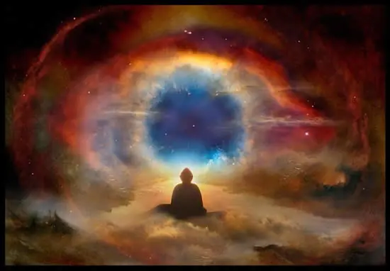 A monk meditating in front of the eye nebula.