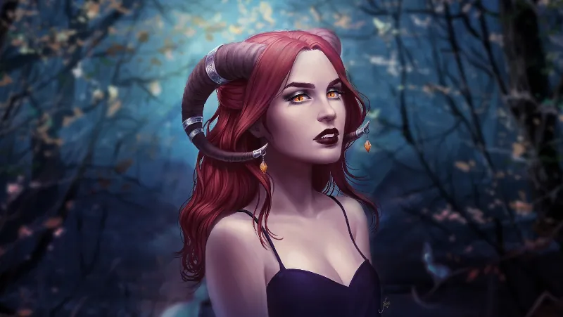 A red-haired succubus with curved horns and jeweled adornments decorating them. She looks at the viewer with her cat-like yellow eyes and a serene expression.