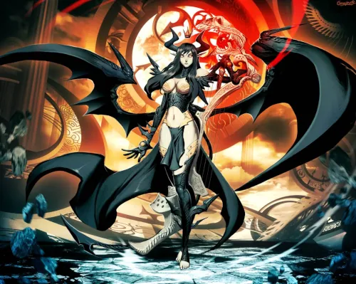 An ornately-dressed succubus demon, standing tall and proud, with a ritual staff, ready to stand alone against all who would defy her.