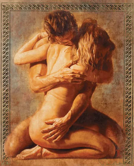 A naked man and woman embracing deeply.
