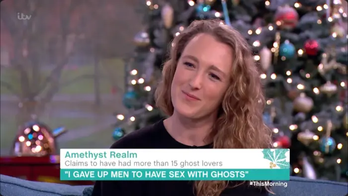 A snapshot of Amethyst Realm on a Daily Mail type TV show, having her interview.