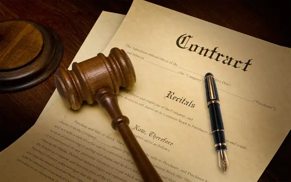 Stock photo of a written contract with a pen and judge's gavel.