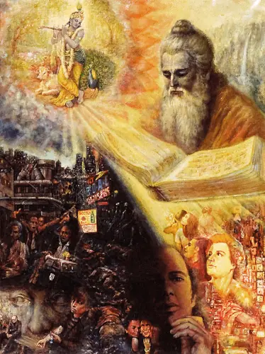 A hindu mural depicting the juxtaposition of an age of darkness with an age of light.
