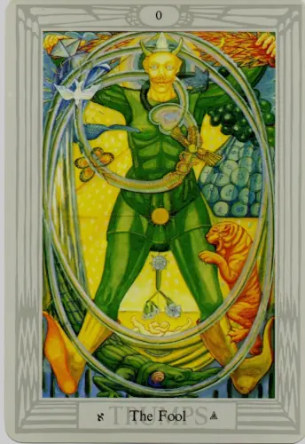 The Fool tarot card from the Toth deck.