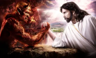 Jesus and Satan engaged in an arm-wrestling match.