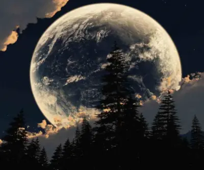 A large full-moon on the horizon, just over the clouds, with tall fir trees visible beneath.