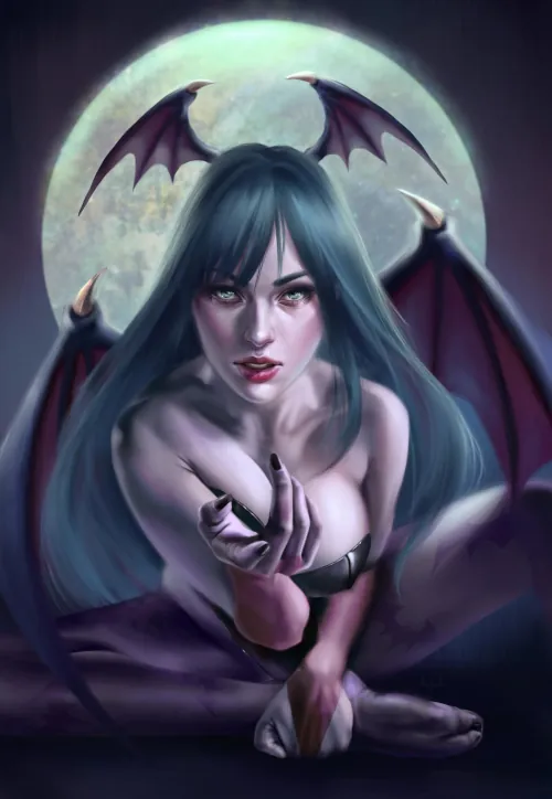 The succubus, Morrigan, from the Darksiders game. She looks at the viewer intently and beckons with her hand. A giant full moon is visible behind her.