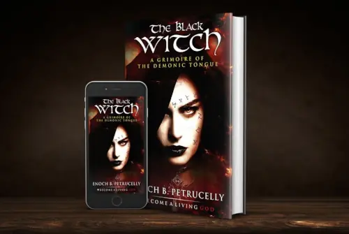 Promotional shot of The Black Witch book. Subtitled Grimoire of the demonic tongue.