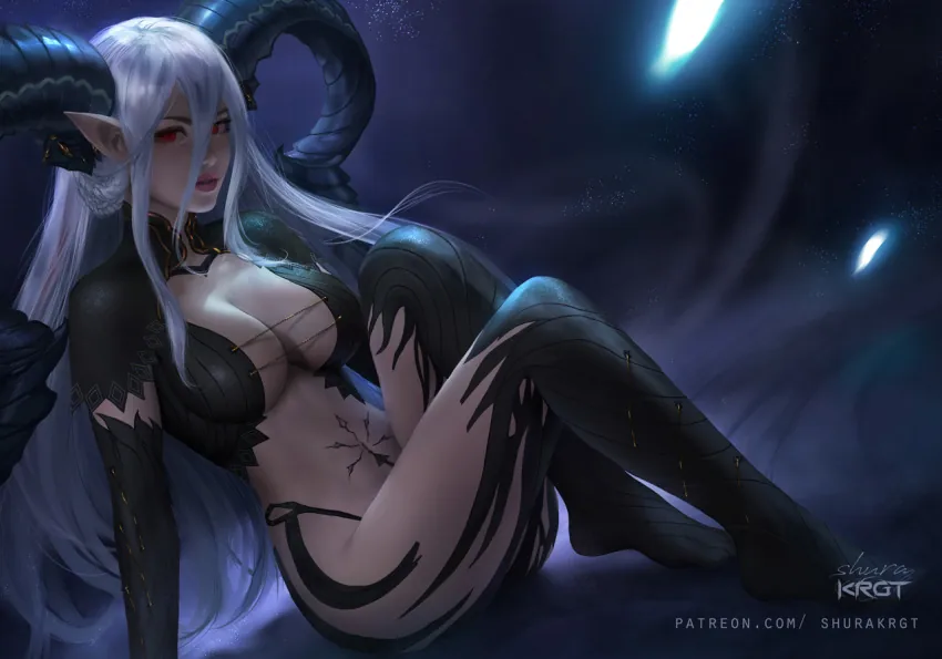 A woman with white hair and large horns, sitting on the ground and looking at the viewer with a lustful expression. She wears tight revealing leather clothing.