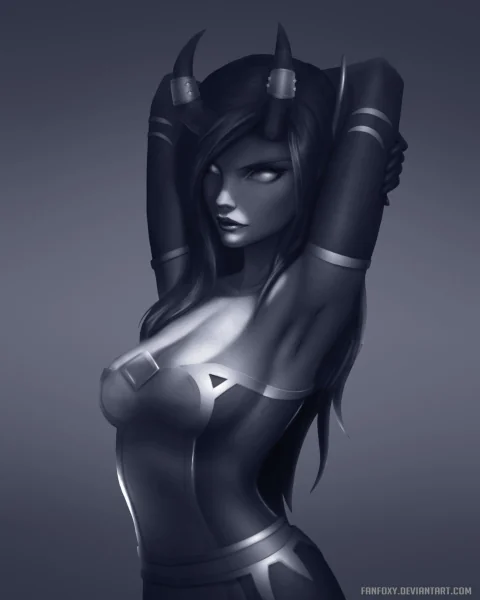 A sporty looking woman with little horns sprouting from the top of her head. Her arms are lifted over her head, stretching and reaching towards her back. She wears a superhero-like outfit and the picture is in black-and-white.