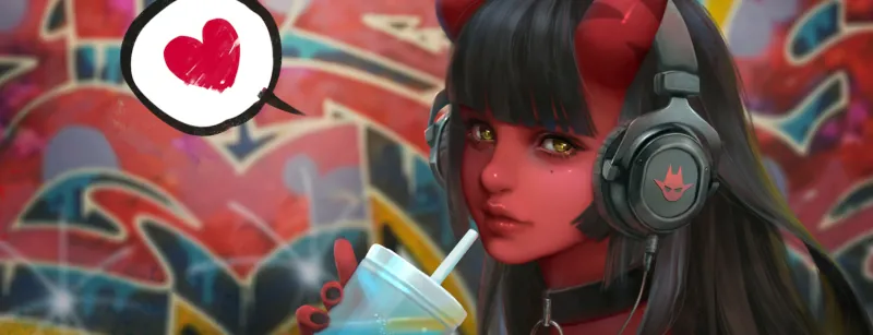 A red-skinned succubus drinking through a straw from a plastic cup and wearing a gaming headset.
