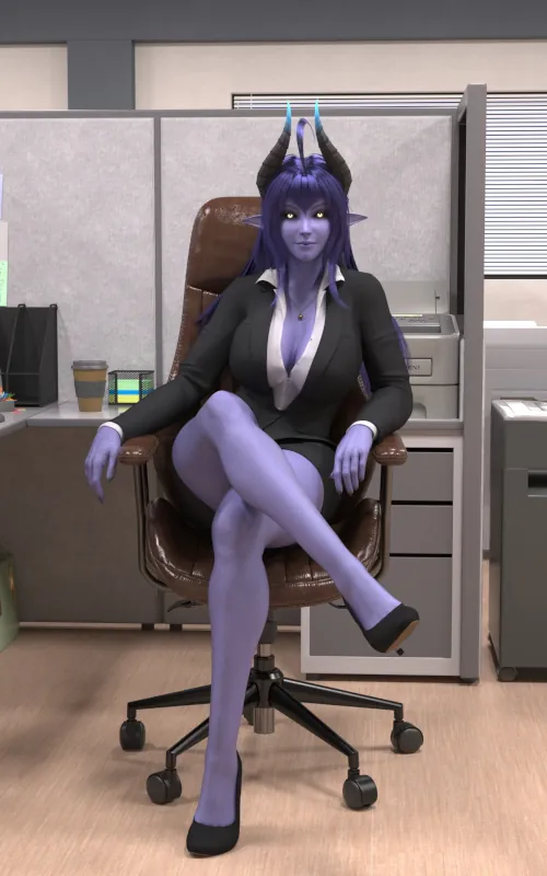 A blue-skinned succubus with horns, dressed in business attire befitting an office job. She sits in a comfortable-looking executive's chair and looks at the viewer expectantly with her legs crossed.