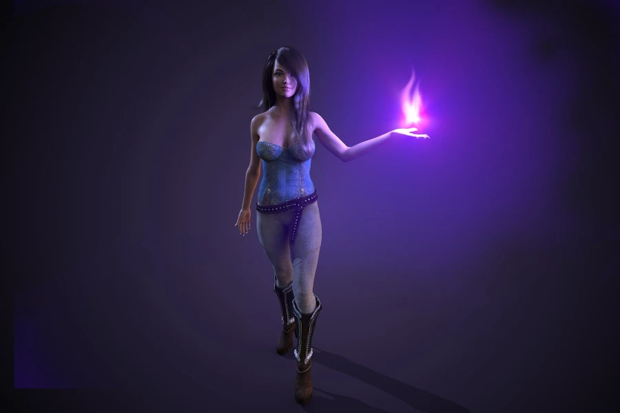 A woman with long brown hair wearing tight pants and blouse, walking towards the viewer with a bright ultraviolet flame in her left hand.