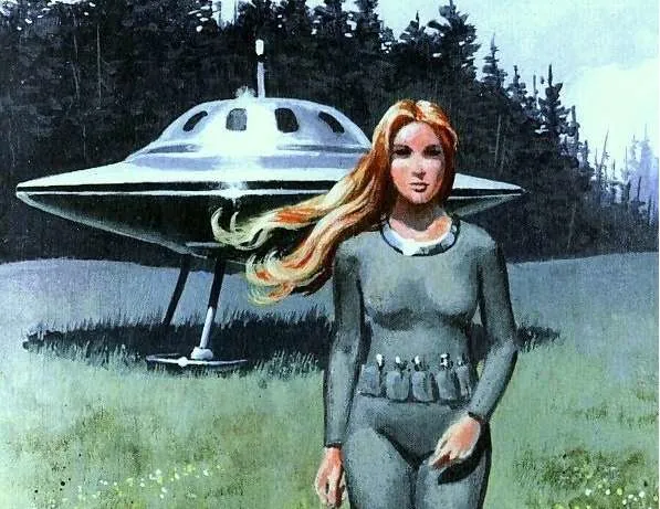 A blonde-haired woman in a futuristic-looking jumpsuit walking towards the viewer with a kind expression. A sleek UFO is parked behind her near the tree-line.