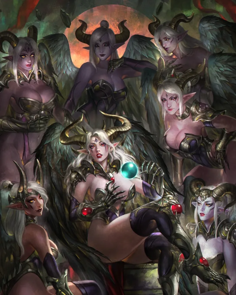 A collage of the same light-purple-skinned succubus entity in different poses. She appears to be some kind of priestess or fortune teller.
