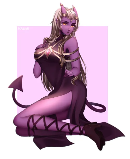 A purple-skinned succubus with a long spade-tipped tail that snakes around her lower body.