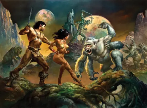 Conan the Barbarian coming to the rescue of a damsel from loathesome monsters.