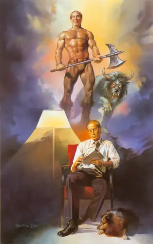 A man sits in his chair reading a newspaper, looking depressed, dreaming about being a strong, primitive warrior. His little dog is transformed into a fearsome wolf companion in his thoughts.