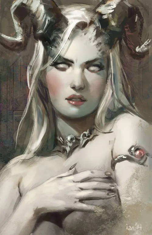 A pale-skinned woman with white hair and horns, covering over her bare breast with her hand.