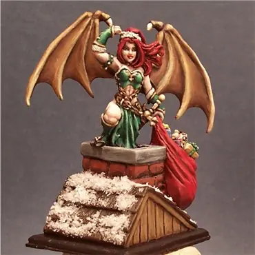 An ornamental statue of a festively-dressed succubus about to climb down a chimney with a sack full of goodies.