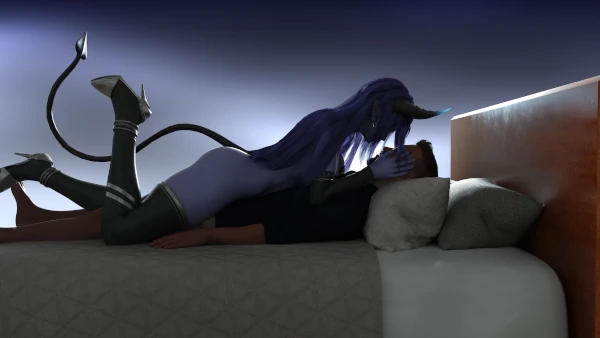 A blue-skinned succubus laying on top of a man in bed. She holds his face tenderly. The environment is backlit dramatically, creating a strong silhouette of the pair.