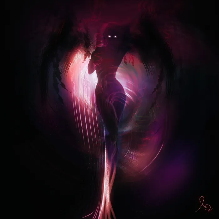 A dramatic silhouette of a voluptuous female figure with glowing eyes, wrapped in dramatic auras.