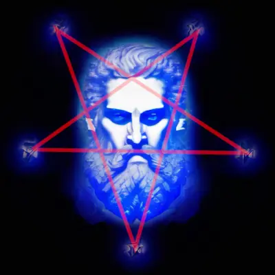 Joy of Satan, now Temple of Zeus', new logo, depicting a blue-colored bust of said Greek deity, flanked all around by five runes. The red outline of an inverted pentagram is overlayed on the image, demonstrating the occulted connection between the runes.