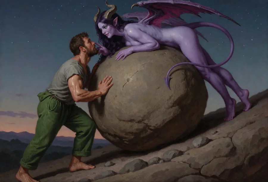 A sisyphus-type guy pushing a large boulder up a hill, while a smiling purple-skinned succubus drapes over the top of the rock and playfully taps the man on the nose.